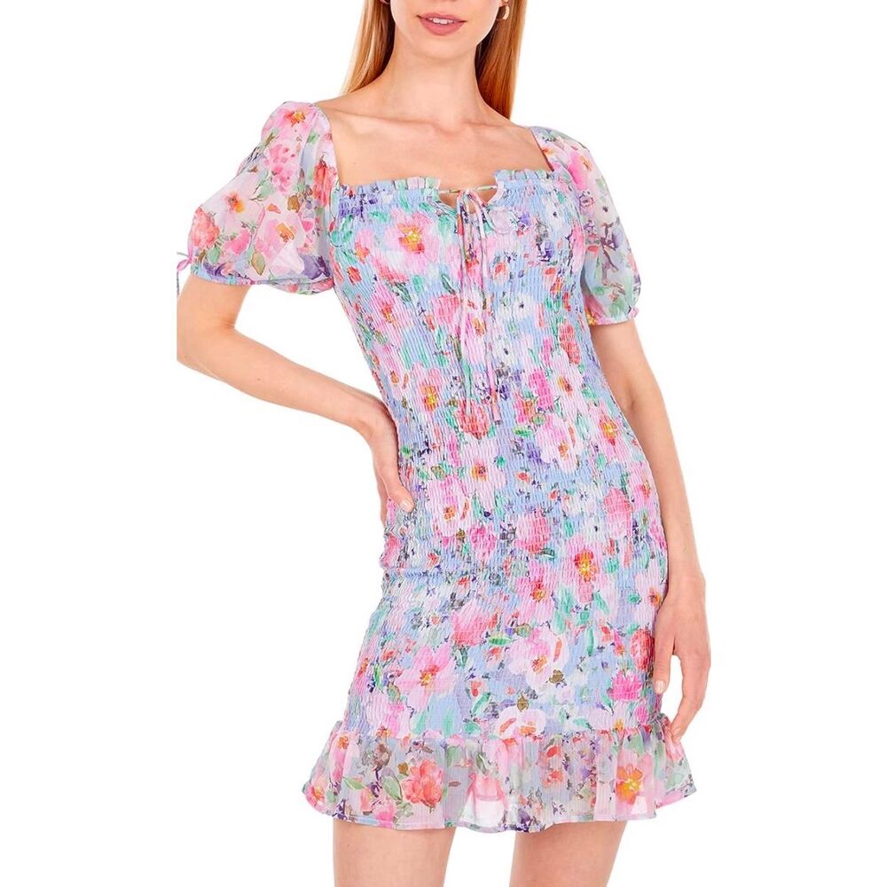 LOST + WANDER Mini Garden Dress Blue Floral Size Extra Small Sweetheart Neckline